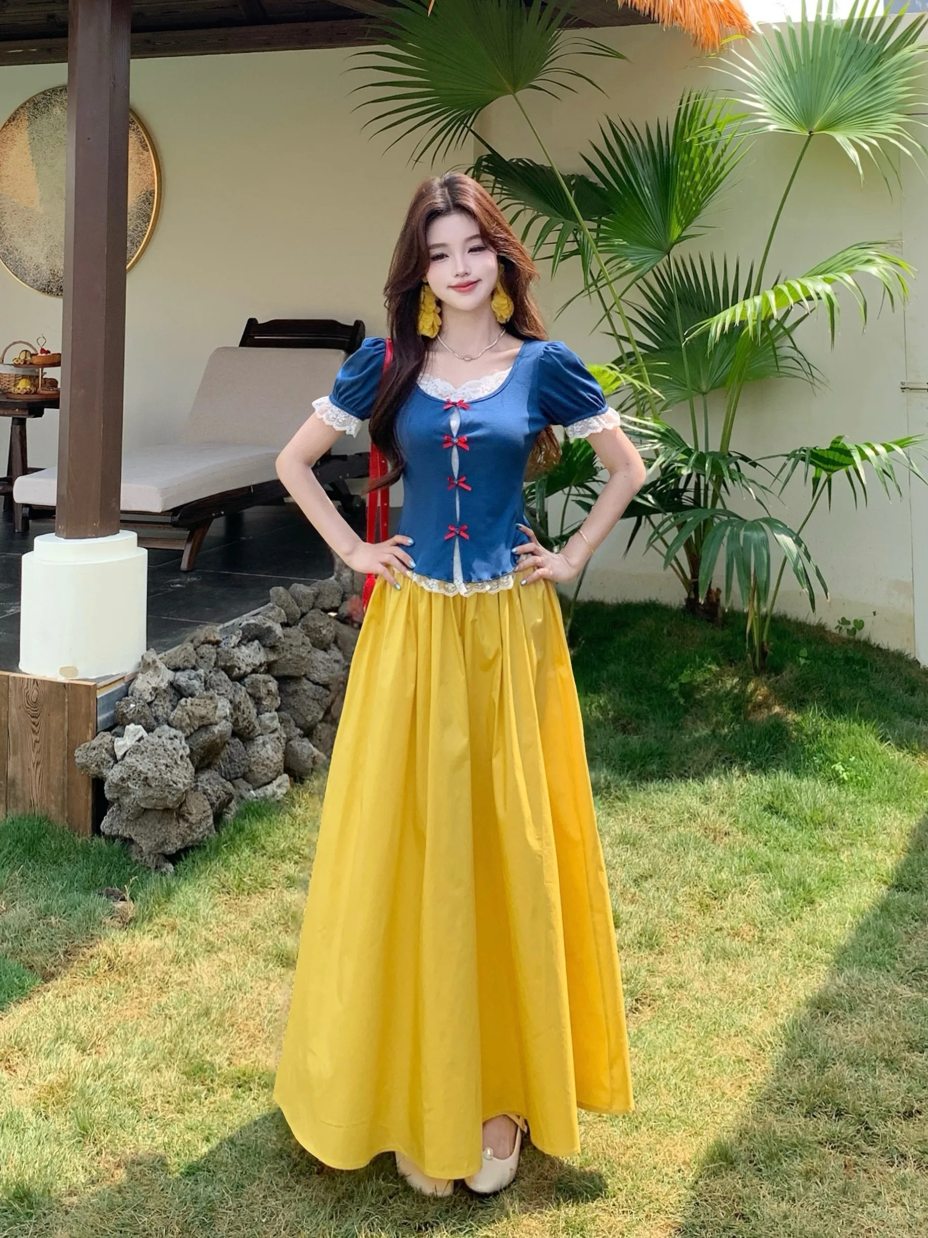 

plus Size Women's Vintage Lace Trim Splice Short Sleeve T-Shirt High Waist Skirt Set Summer New Style Korean Version Slim Fit