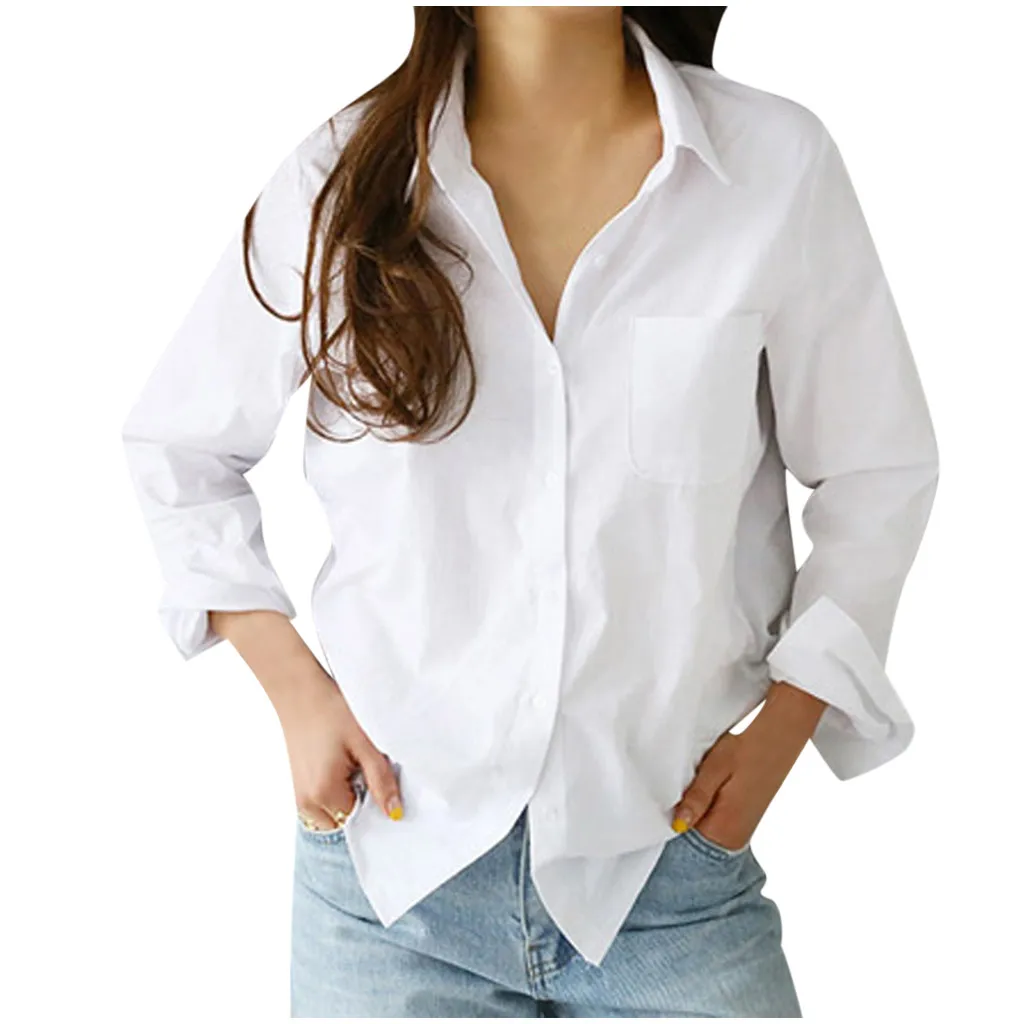 Fashion Women\'s White Blouse 2024 Chic Long Sleeve Lapel Button Up Shirt Tops Turn-Down Collar Pocket Shirts Women\'S Clothing