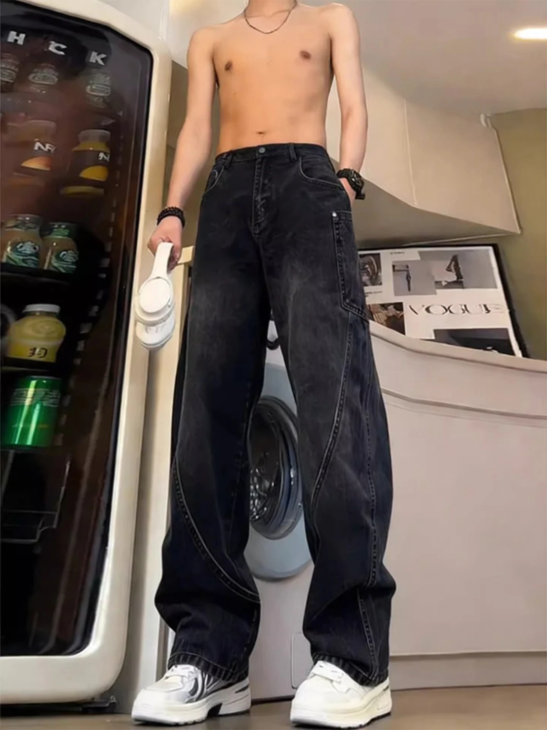 

Black Cleanfit Straight Leg Wide Leg Jeans Men's Spring High Street Washed Denim Pants Casual Loose Fit Workwear Trousers