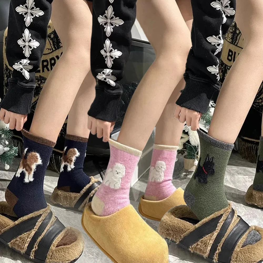 

Модные утолщенные хлопковые зимние повседневные мягкие теплые шерстяные носки средней длины, женские милые носки для щенков, кавайный мультяшный декор с рисунком собаки