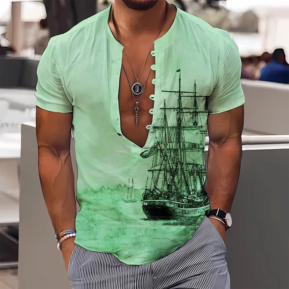 2023 Short Sleeve Men\'S Shirt 3d Fashion Print Oversized Summer Casual Stand Up Collar Shirt Streetwear Men\'S Clothing Tops 3XL