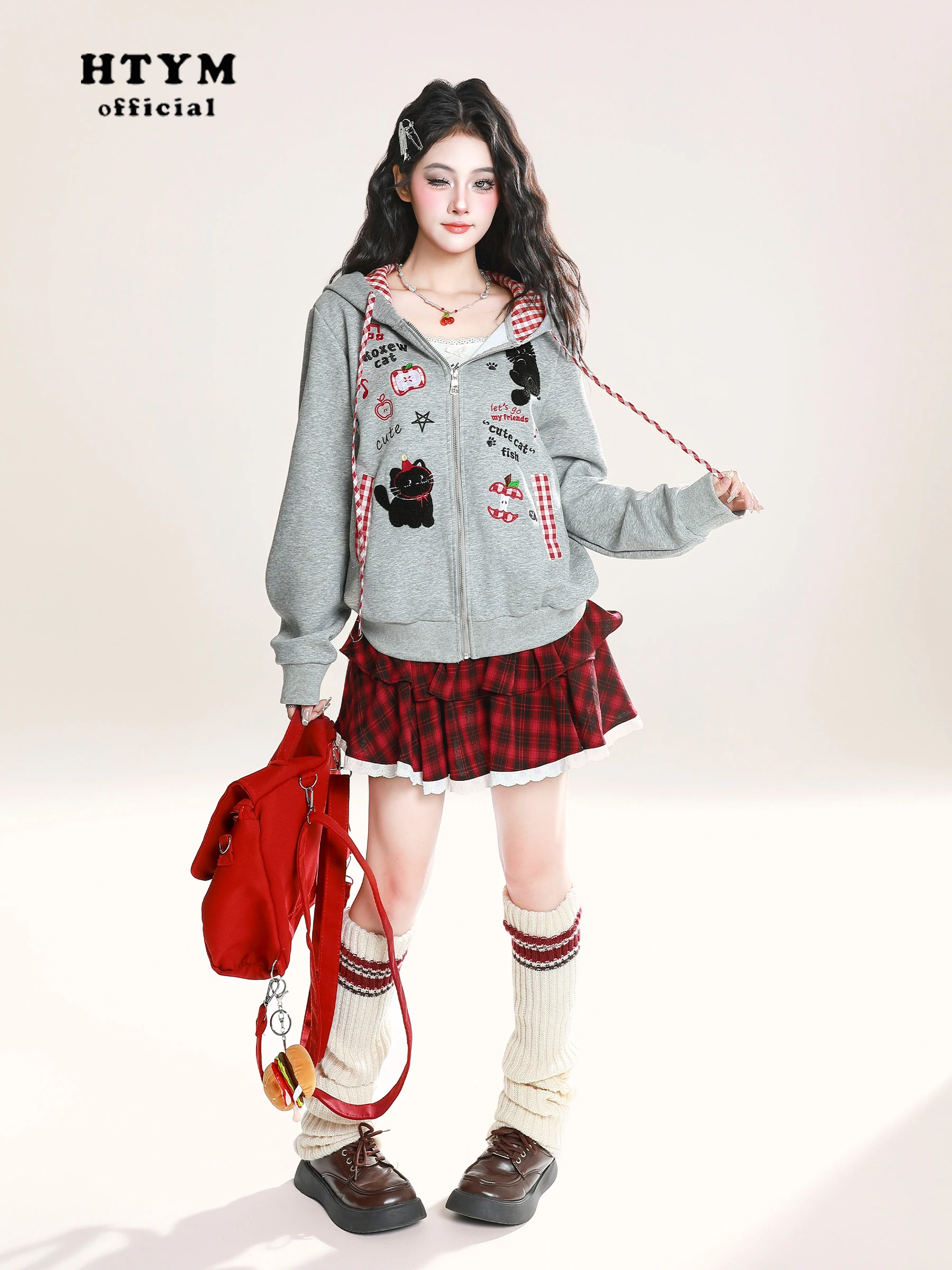 American Style Fashion Retro Cartoon Embroidery Plaid Patchwork Hoodies Lazy Casual Loose Zipper Sweatshirt Jacket Women Autumn