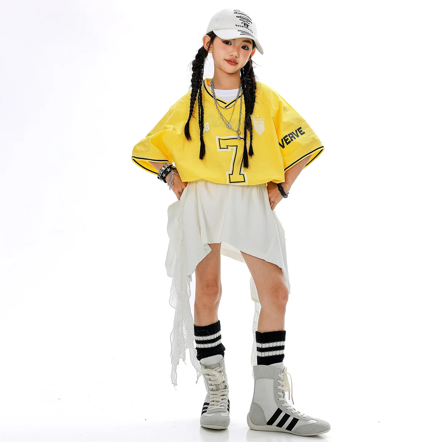

Kid Kpop Hip Hop Clothing Yellow V Neck Jersey T Shirt Top White Street Lace Trim Skirt for Girl Jazz Dance Wear Costume Clothes