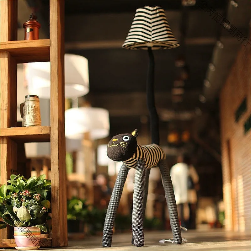 Christmas Gift Floor Lamp Living Room Children Room Floor Light Canvas Catoon Animal Striped Cat Feet  Adjustable Stand Lamp