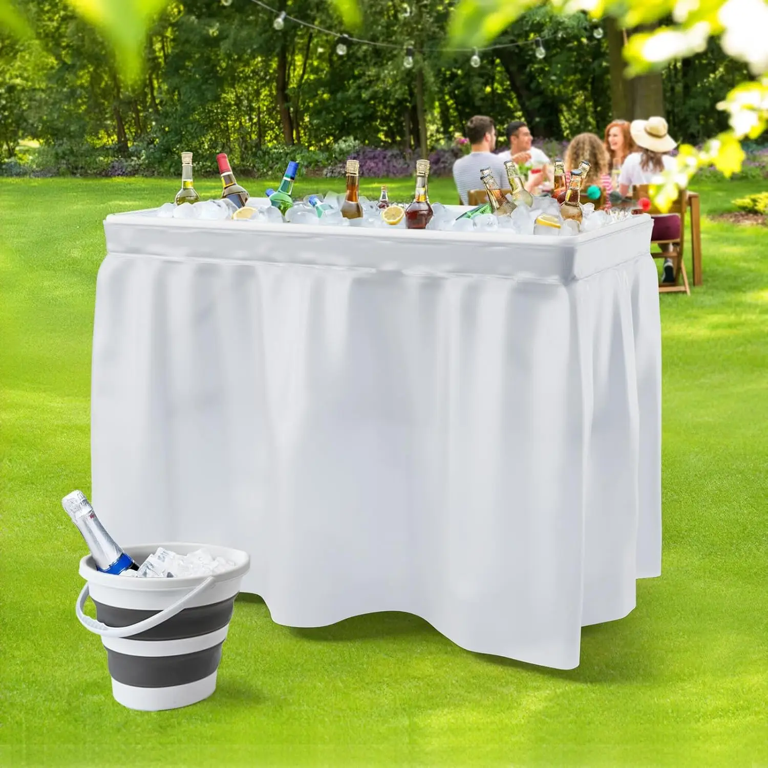 

Portable Ice Folding Table w/Matching Skirt & Drain|Foldable Patio Cooler Table for Party,Picnic,Wedding,Camping,BBQ