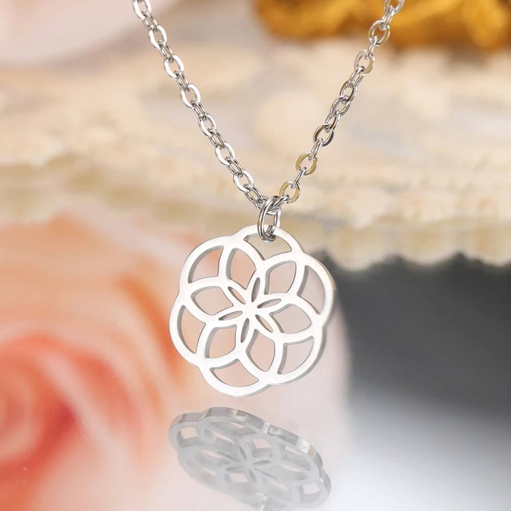 Dawapara Chakra Flower of Life Necklace Sacred Geometry Mandala Pendant Good Luck Amulet Stainless Steel Jewelry New Year Gift