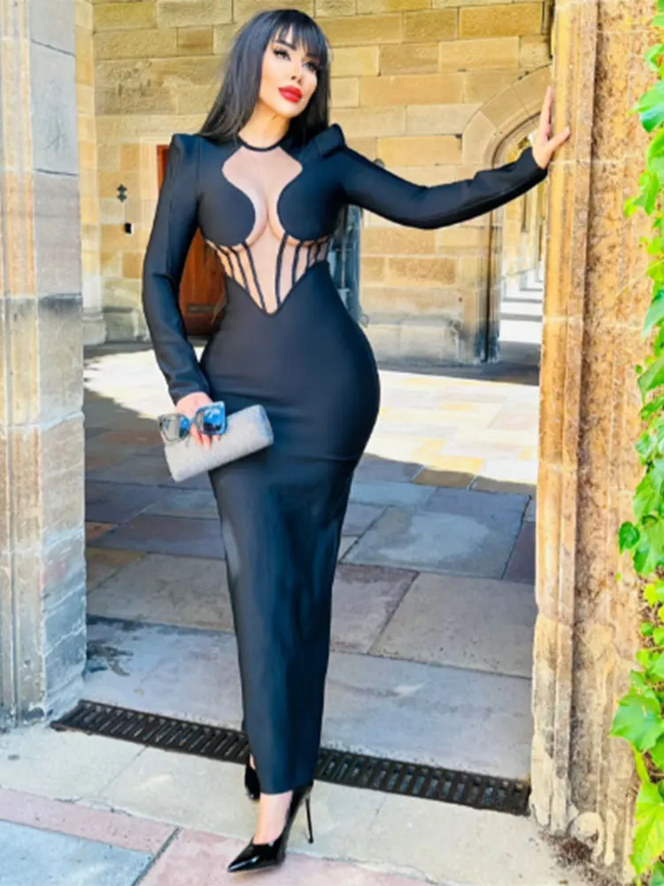 

BEVENCCEL Sexy Black Bandage Maxi Dress Women'S O-Neck Long-Sleeved Bodycon Perspective Tulle Patchwork Bandage Dresses Party