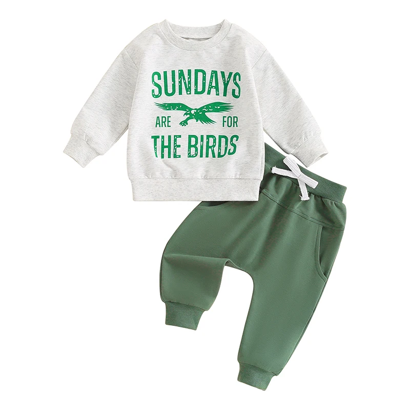 Baby Fall Outfits for Boys Girls Letter Eagle Print Long Sleeve Sweatshirt Elastic Waist Bow Pants 2 Piece Set