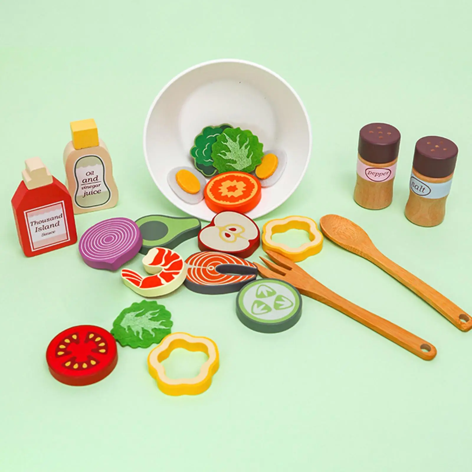 Set da gioco in legno per insalata Fai finta di giocare con i giocattoli da cucina Abilità motoria fine Set da gioco per insalata Fai finta di giocare con il cibo per i bambini per l'educazione