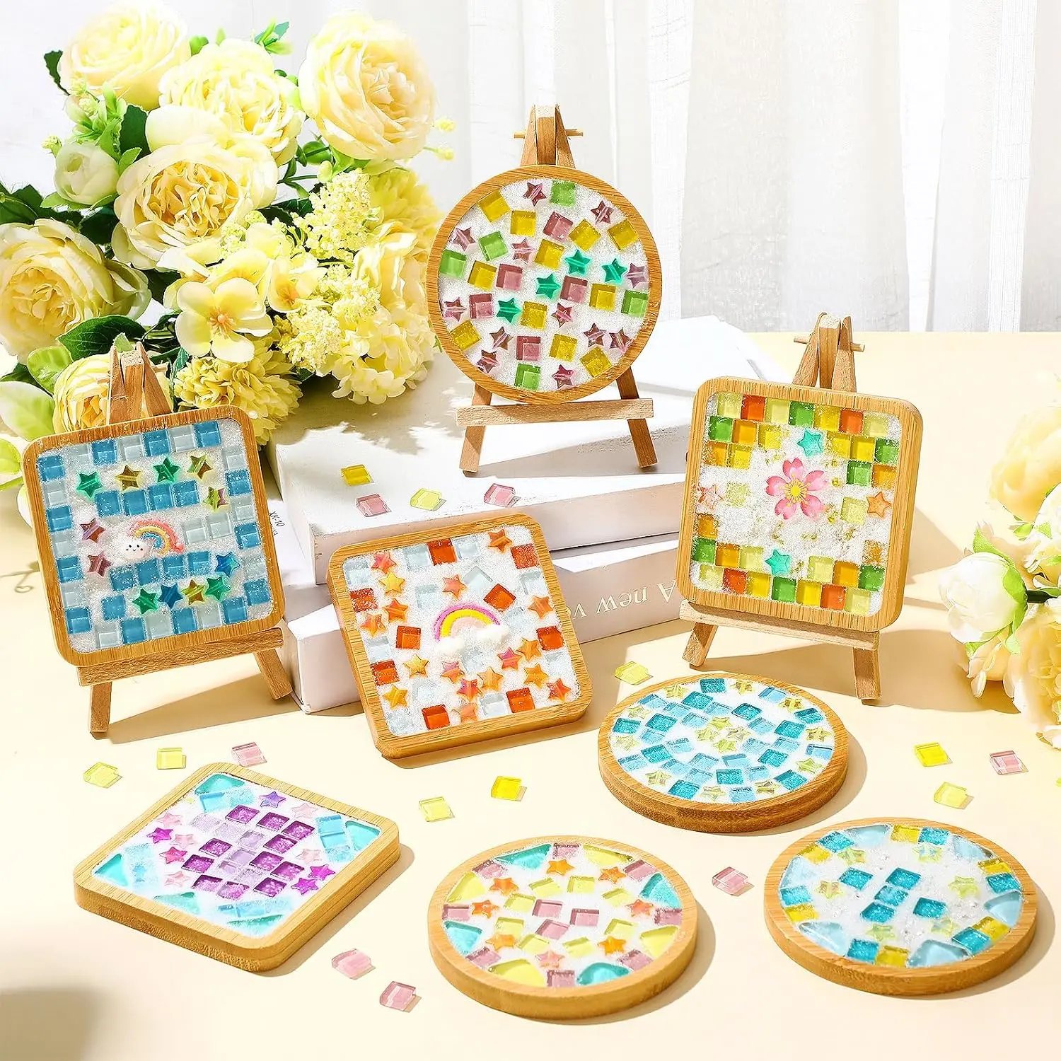 DIY Glass Mosaic Tiles for Crafts, Mixed Color Mosaic Kits with Wooden Coaster for Adults, Make Your Own Stained Glass Coaster for Handmade Home Birthday Gifts(Classic Style,22 Sets) view 4
