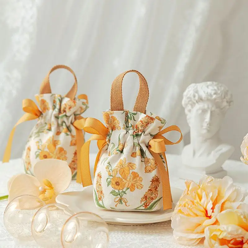 1 Stück Retro-Blumenmuster-Zugbeutel für Süßigkeiten, tragbare, wiederverwendbare Verpackungsbeutel für Hochzeiten und Partys – Detail 4