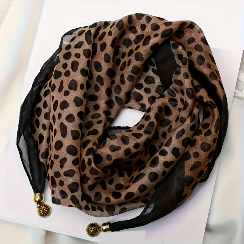 Women's Leopard Print Scarf, Fashionable Neck Scarf, Chiffon Square Scarf for Spring, Summer, Autumn, and Winter, Versatile Warm Neck Scarf