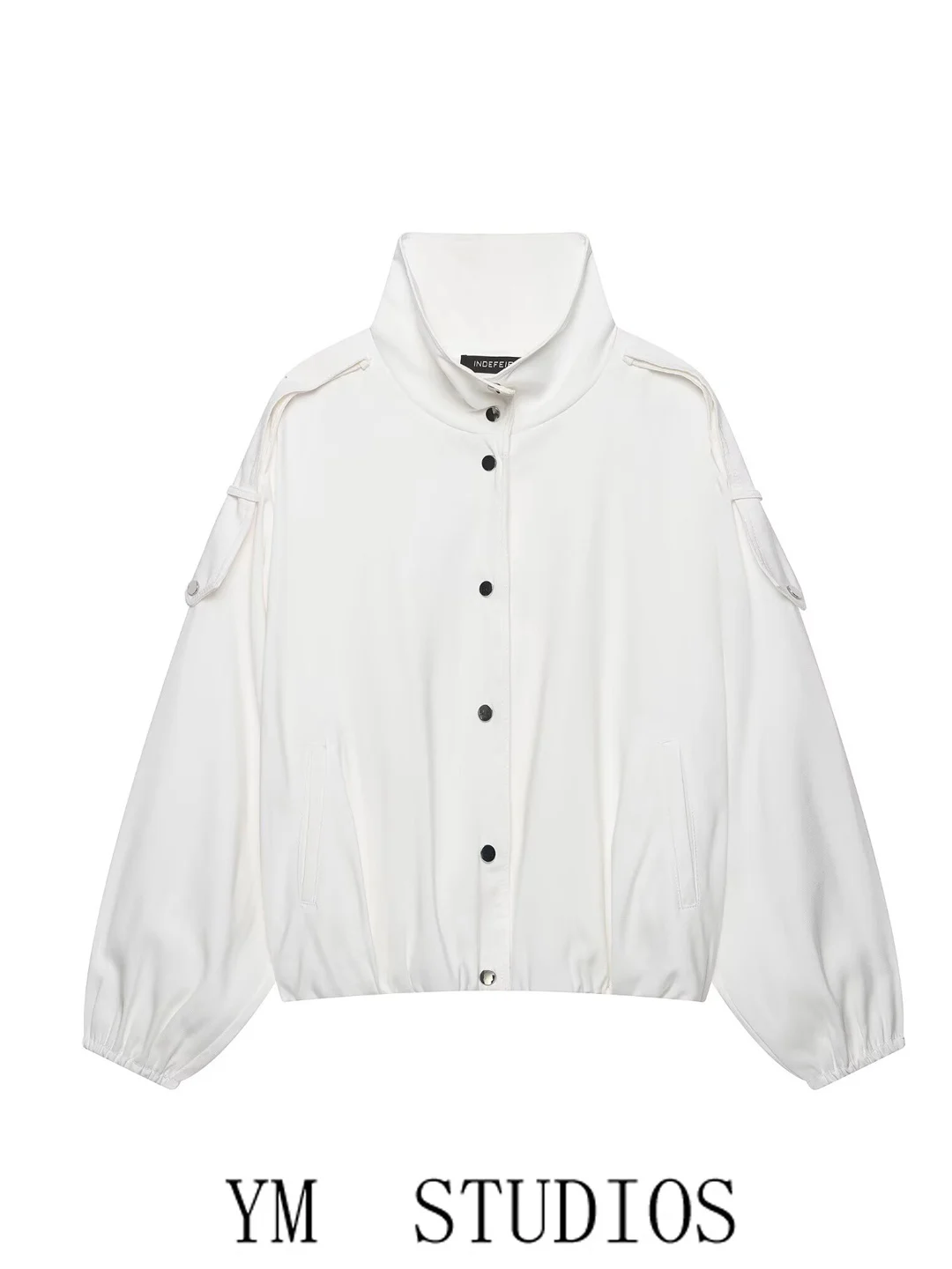 Minimalist Style Women's Short Jacket Loose Fit Casual Pilot Coat Button up Stand Collar White Color Fashionable Outerwear