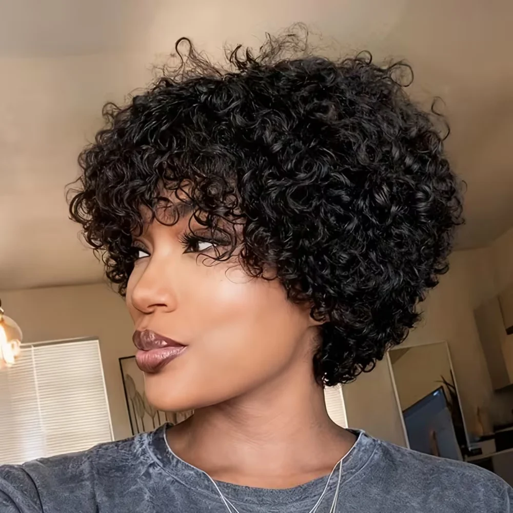 شعر مستعار أفرو قصير مجعد شعر بشري غريب مجعد موجة الباروكات للمرأة شعر مستعار آلة كاملة