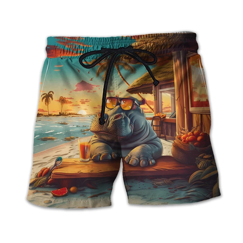 Funny Hippo Graphic Beach Shorts Fashion Summer Vacation 3D Animals Printed Hawaiian Short Pants Loose Holiday Mens Swim Trunks