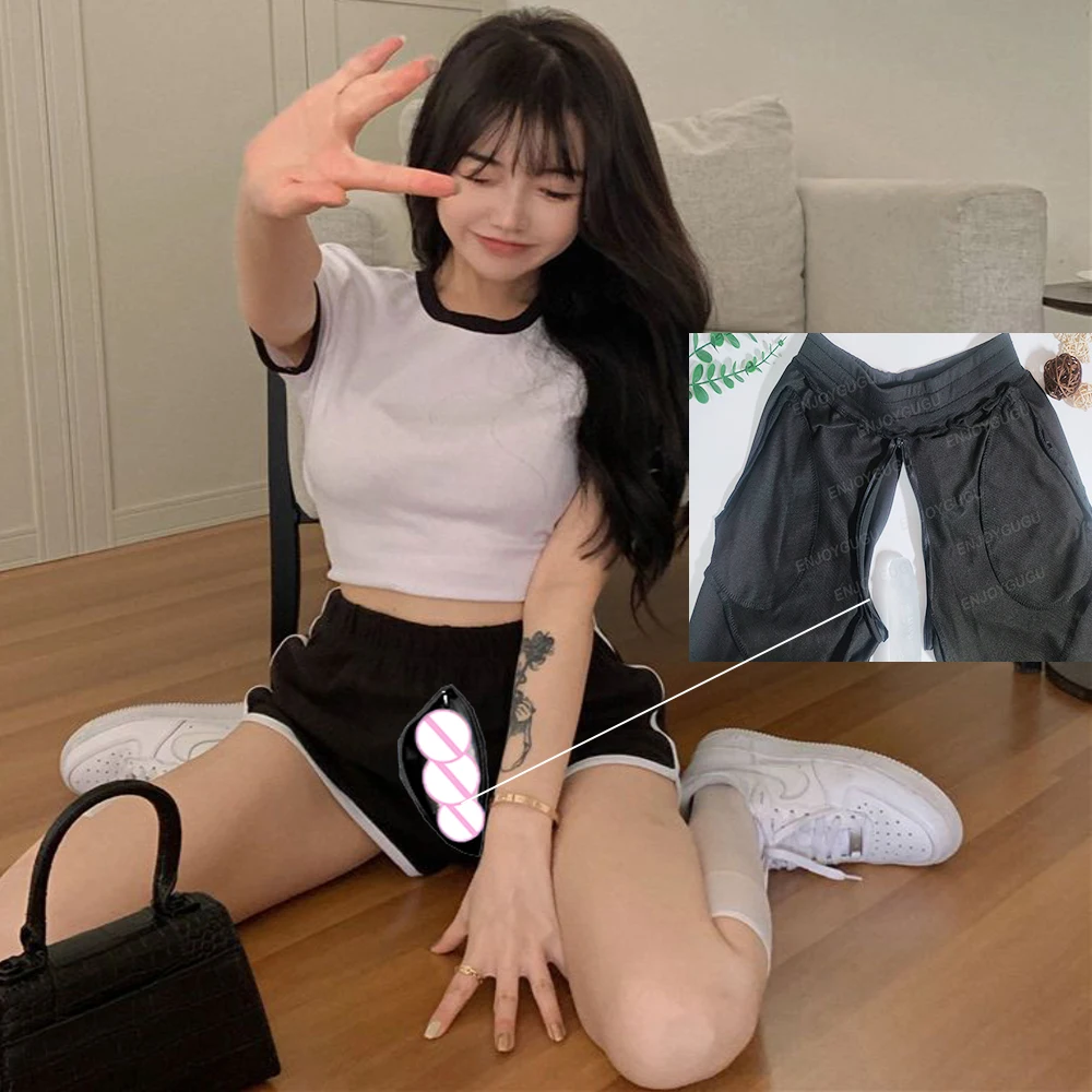 Invisible Open Crotch Outdoor Sex Yoga Shorts Women's Short Summer T-shirt Short-Sleeved Top Sports Set Casual Shorts Leggings