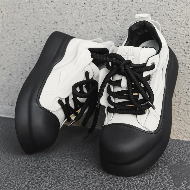 

mens casual stage nightclub genuine leather shoes lace-up flats platform shoe black white designer sneakers mans cool footwear