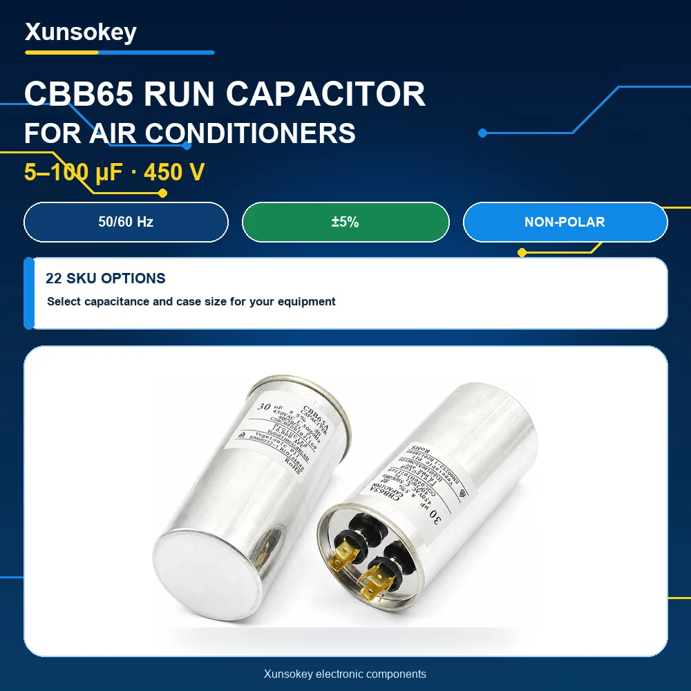 CBB65 Air Conditioner Capacitor Bottom with Screw 5UF 10UF 15UF 20UF 25UF 30UF 35UF 40UF 50UF 60UF 70UF 80UF 100UF 450V Screw