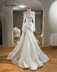 Dubai White 3D Flowers Evening Dresses 2025 Long Sleeves Satin Prom Dress Party Wear For Wedding Vestidos De Cóctel Customized
