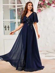 Unithorse Flounce Sleeve V-Neck Chiffon Embroidery Beading Decorated Formal Bridesmaid Dress