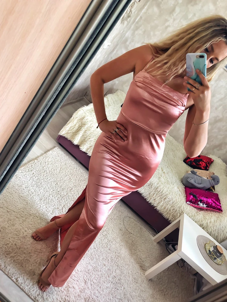 Sexy Pink Graduation Prom Dress Satin Split Ruched Bridesmaid Wedding Cocktail Party Ceremony Elegant Evening Gown