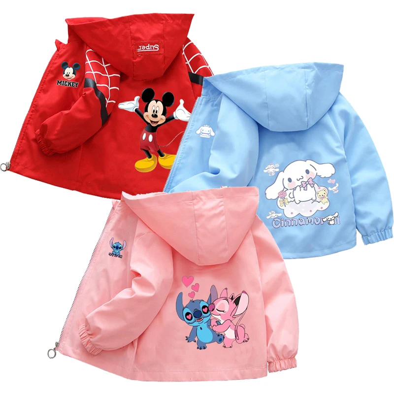 Sanrio Girls Cartoon Kuromi Cinnamoroll Jacket Boys Stitch Mickey Mouse Coats Spring Autumn Kids Hooded Jackets Casual Outerwear