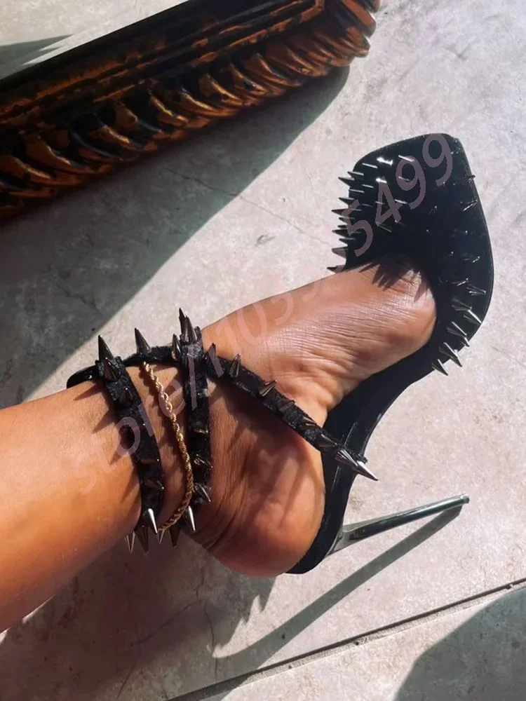 

New Black Women's Square Toe Rivet Sandals 2025 Fashion Street Model Sexy Catwalk Stiletto Party Casual Cross Strap Single Shoes