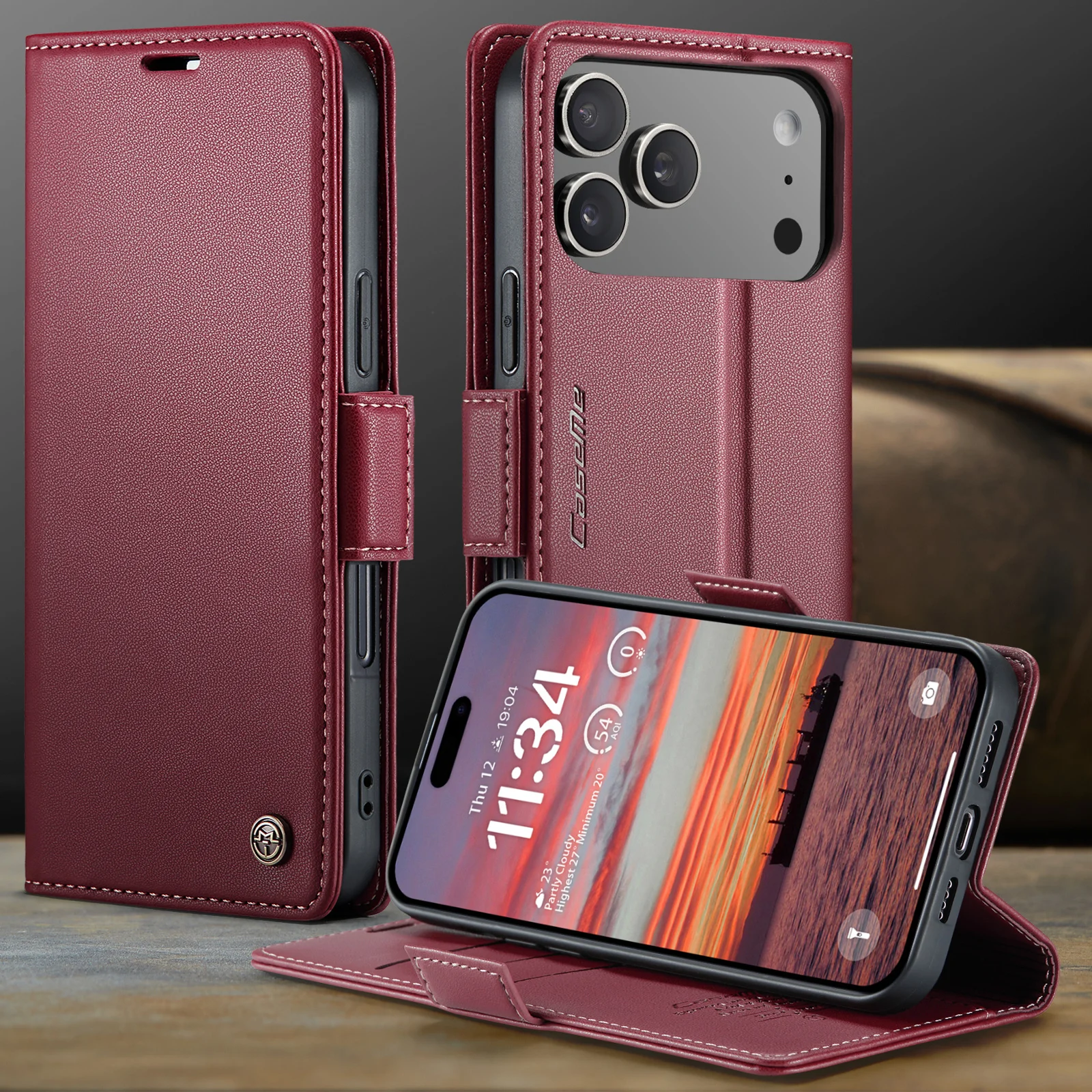 

CaseMe-023 Side Buckle Wallet Case for iPhone 17 Pro Max 16 15 14 13 12 11 Pro Max XR Magnetic Premium Leather Card Holder Cover