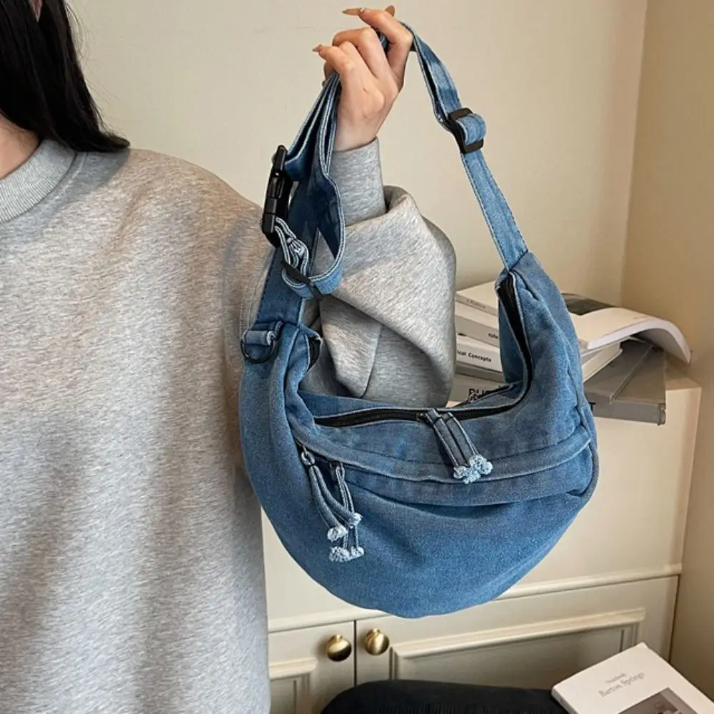 

Temperament American Style Canvas Dumpling Bag Adjustable Strap Harajuku Denim Crossbody Bag Zipper Retro Underarm Bag Women