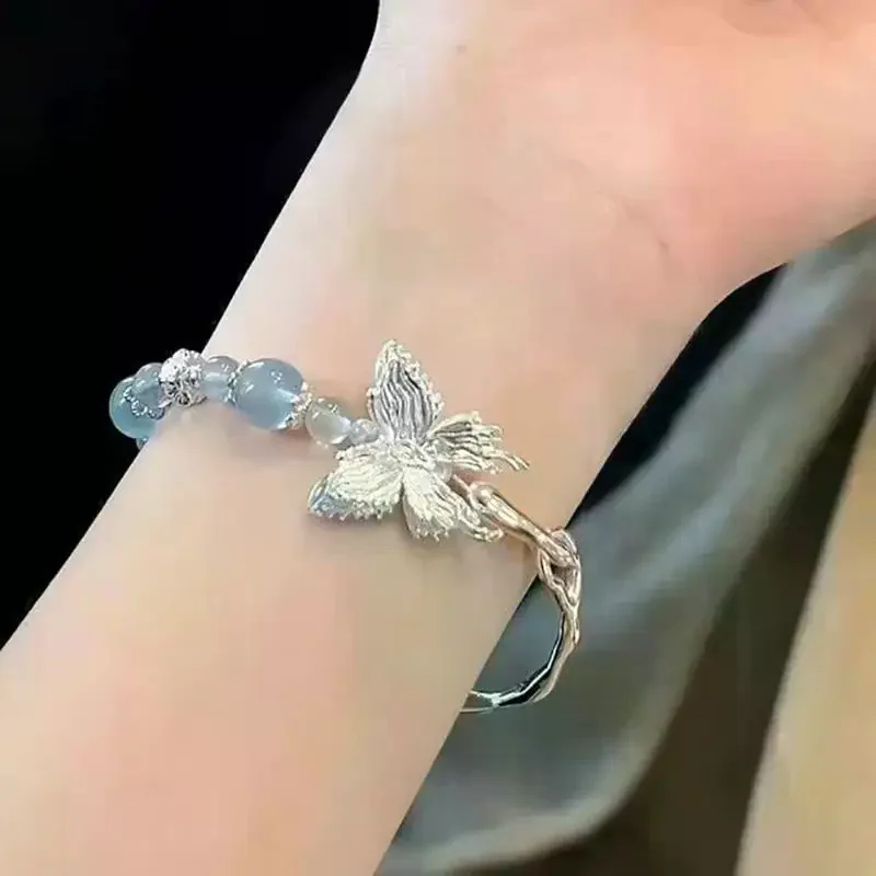 Handmade Chinese Style Beaded Bracelet Silver Butterfly Pendant Good Luck Blessing Graduation Gift Daily Wear