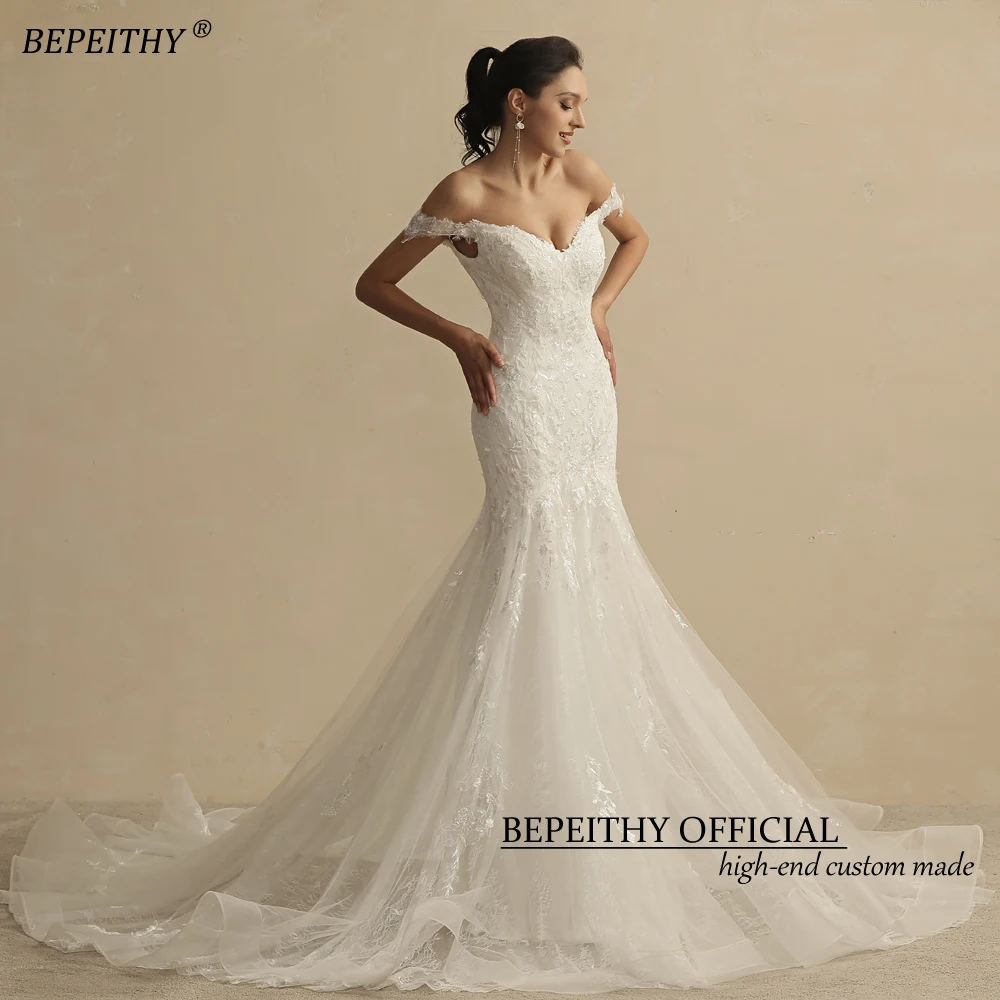 BEPEITHY Lace Mermaid Wedding Dresses For Women Off The Shoulder Court Train Sleeveless Vestidos De Novia Ivory Bridal Gown 2022