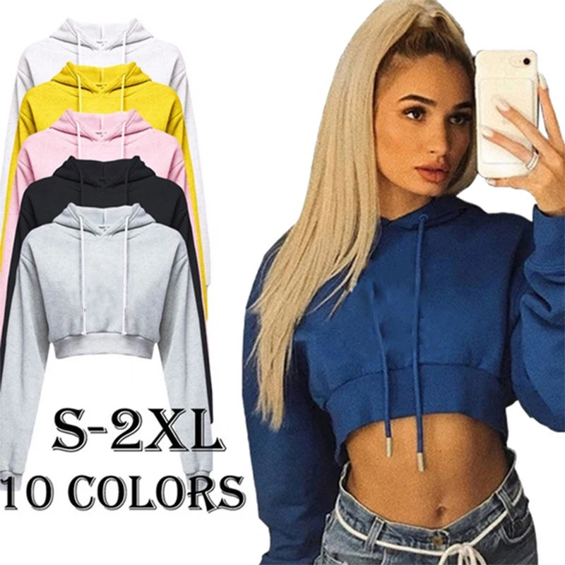 Frauen Crop Top Hoodie Casual Langarm Mit Kapuze Kurze Sweatshirt Sexy Gedruckt Crop Pullover 10 Farben