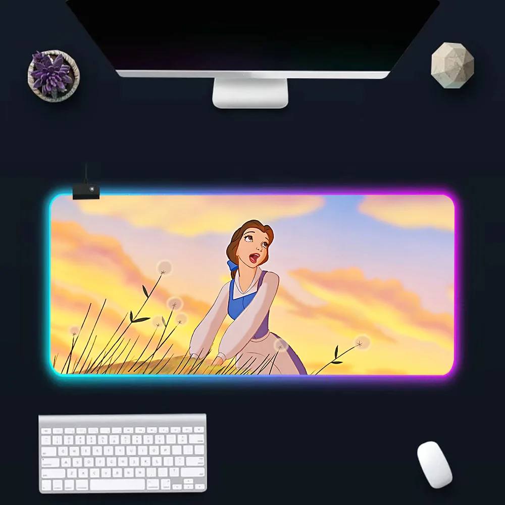 Disney Beauty the Beast Belle RGB Pc Gamer Keyboard Mouse Pad Mousepad LED Glowing Mouse Mats Rubber Gaming Computer Mausepad