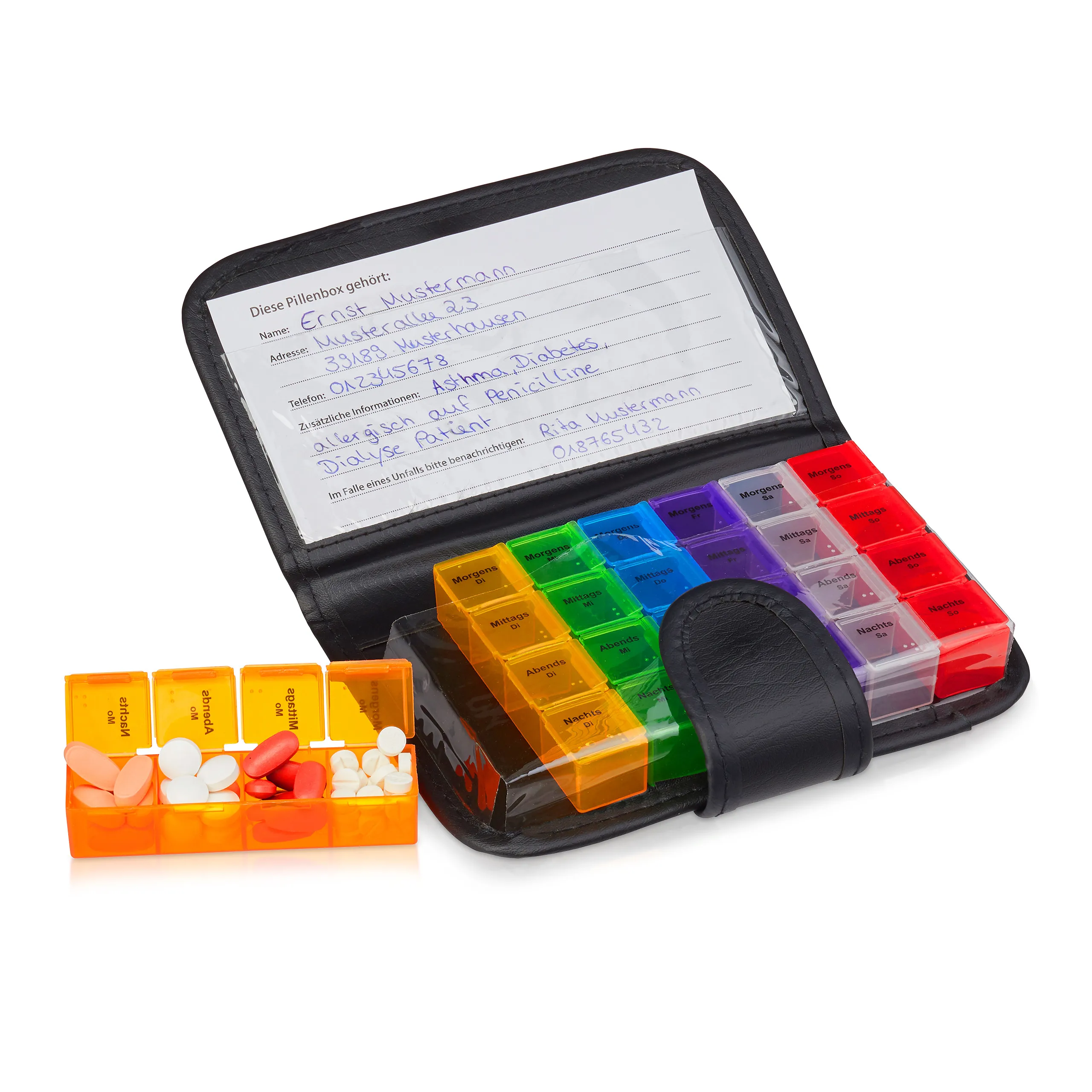 Portapillole, 7 giorni, 4 scomparti, per viaggi, con custodia, scatole per 7 giorni, in PP e PVC, nero e colorato, portapillole, custodia per pillole, Relaxdays