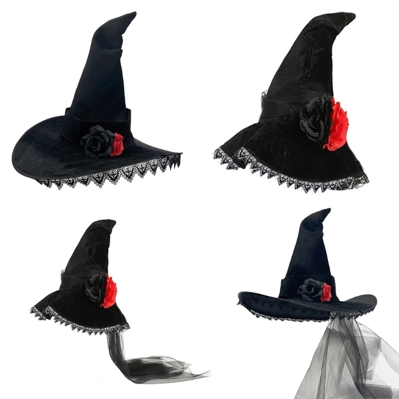 Role Playing Witch Hat Elegant Laces Witch Hat Steel Rings Wizard Unisex Hat