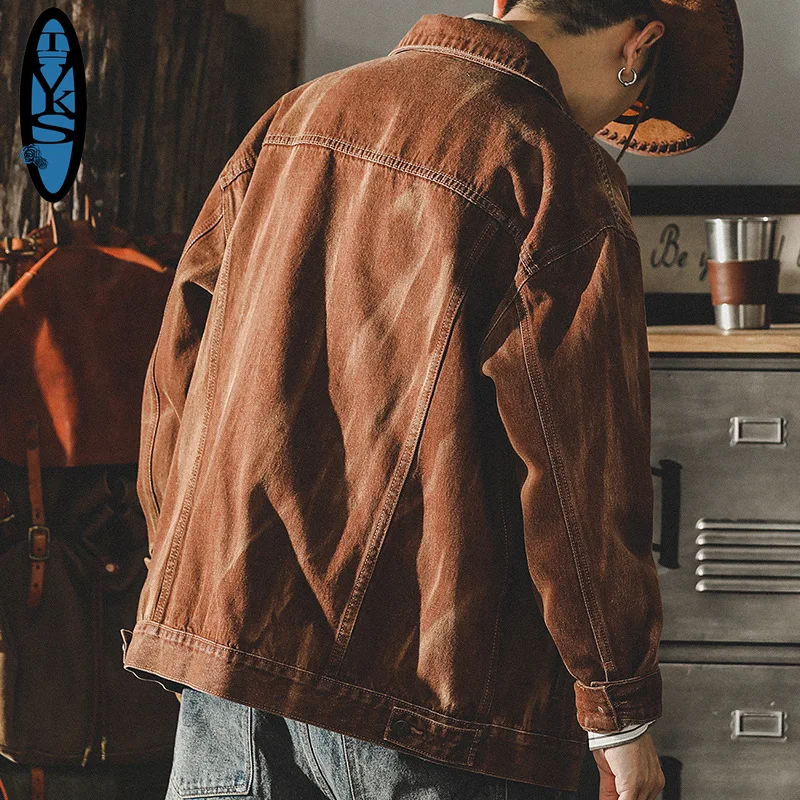 2026 New American Retro Men\'s Denim Jackets Wear-resistant Classic Vintage Baggy Coats for Male Motor&biker Brown Men Clothing