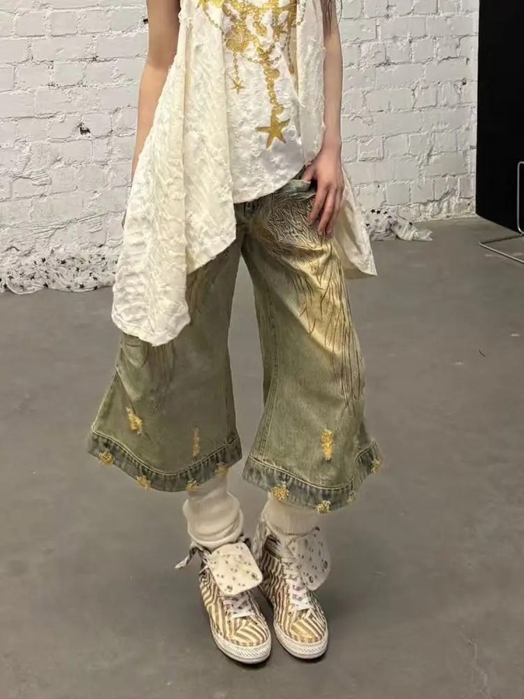 Capris vaqueros pintados con grafiti de ala Vintage americana para mujer Punk Y2K Hot Girl pantalones cortos de diseño Retro lavados desgastados