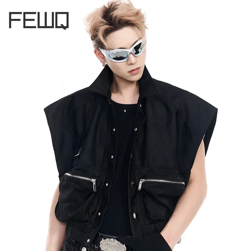 

FEWQ Men's Niche Short Workwear Vest Summer Pocket Design Jacket 2024 Darkwear Single Breast Darkwear Male Tops 24E1506