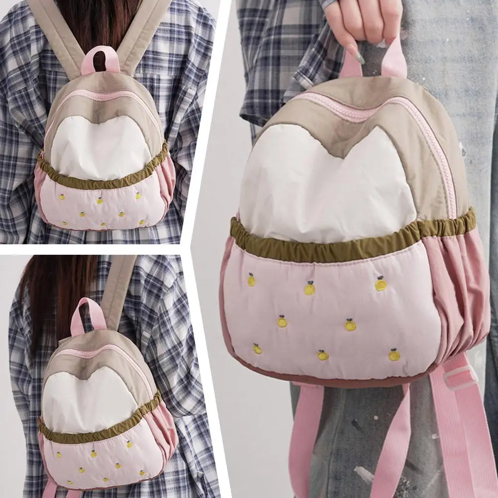Cute Apple Embroidered Mini Backpack Lightweight Color Block Rucksack Casual Daypack Travel Shoulder Bag For Women