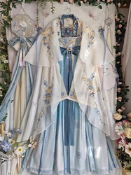 Vestido antigo bordado tradicional chinês hanfu para mulheres, fantasia feminina de cosplay, vestido de verão azul hanfu