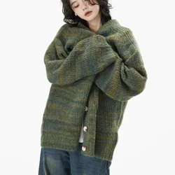 Y2k Harajuku sweter Vintage jednorzędowe paski z dekoltem w szpic jesienno-zimowe swetry płaszcz z dzianiny amerykańska odzież damska