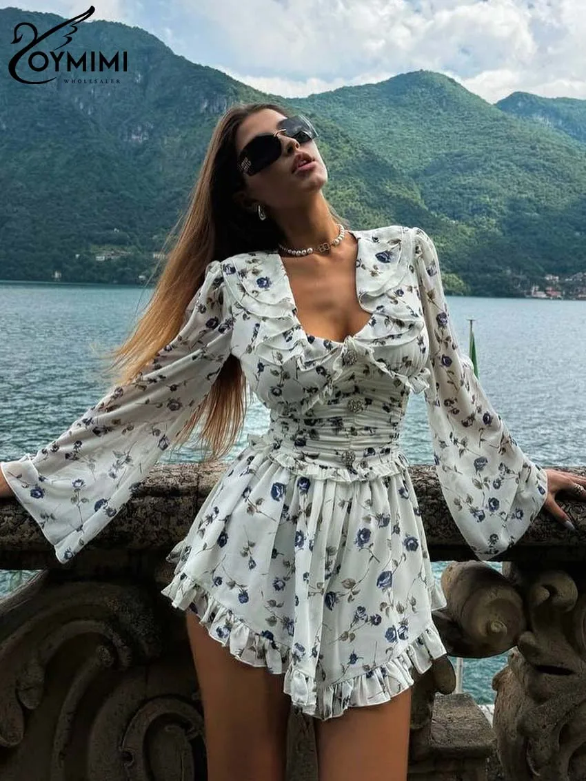 Oymimi Fashion biały nadruk damska sukienka elegancki dekolt w serek marszczone sukienki z długim rękawem jesień nowe plisowane mini sukienki z wysokim stanem