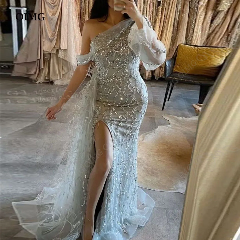 

Light Green Sequined Evening Dresses For Women Luxury Dubai One Shoulder Formal Party Prom Gowns Side High Split Robe De Soiree