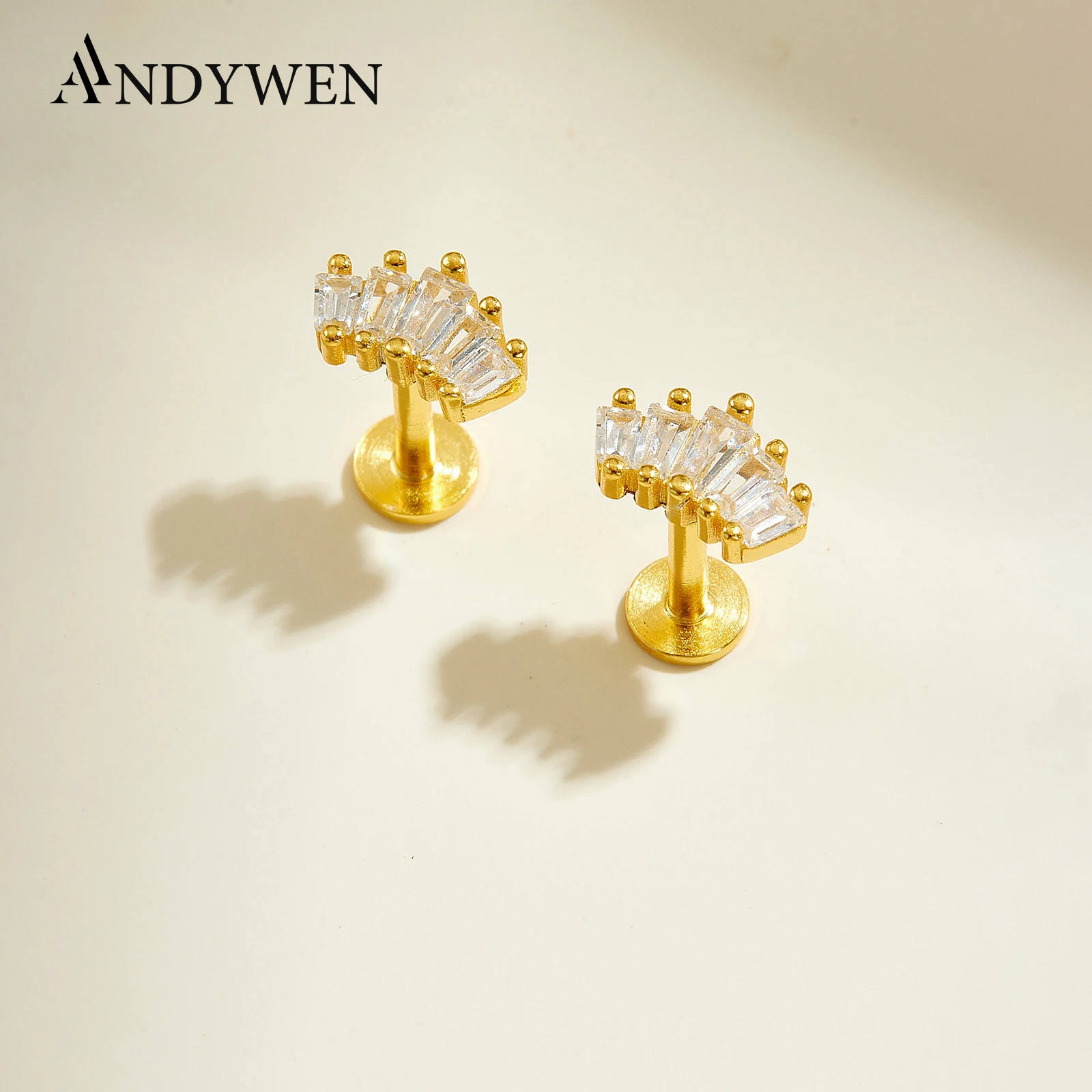 

ANDYWEN серьги-гвоздики из стерлингового серебра 925 пробы с веером и цирконием в форме пирсинга, сверкающие повседневные модные женские украшения для повседневного ношения