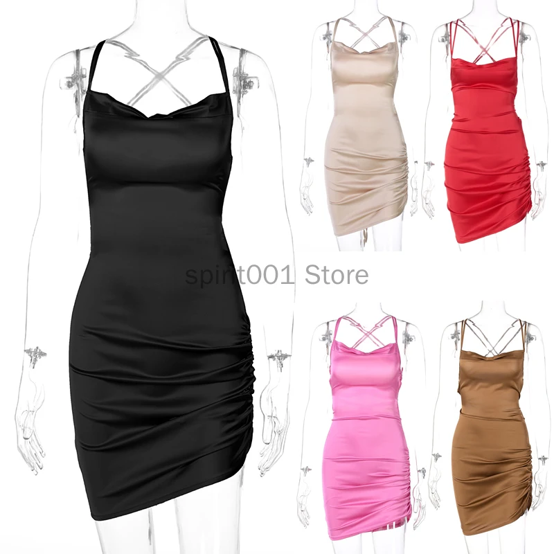 

Summer Dress for Women Y2K Satin Women Strap Mini Dress Ruched Lace Up Cross Bandage Backless Bodycon Sexy Party Club Dresses