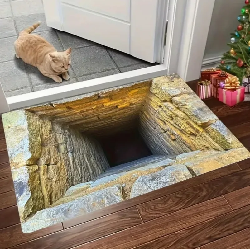 Funny 3D Visual Gold Coin Pit Doormat Crack Stone Floor Treasure Printed Welcome Rug Porch Indoor Outdoor Home Entry Decor