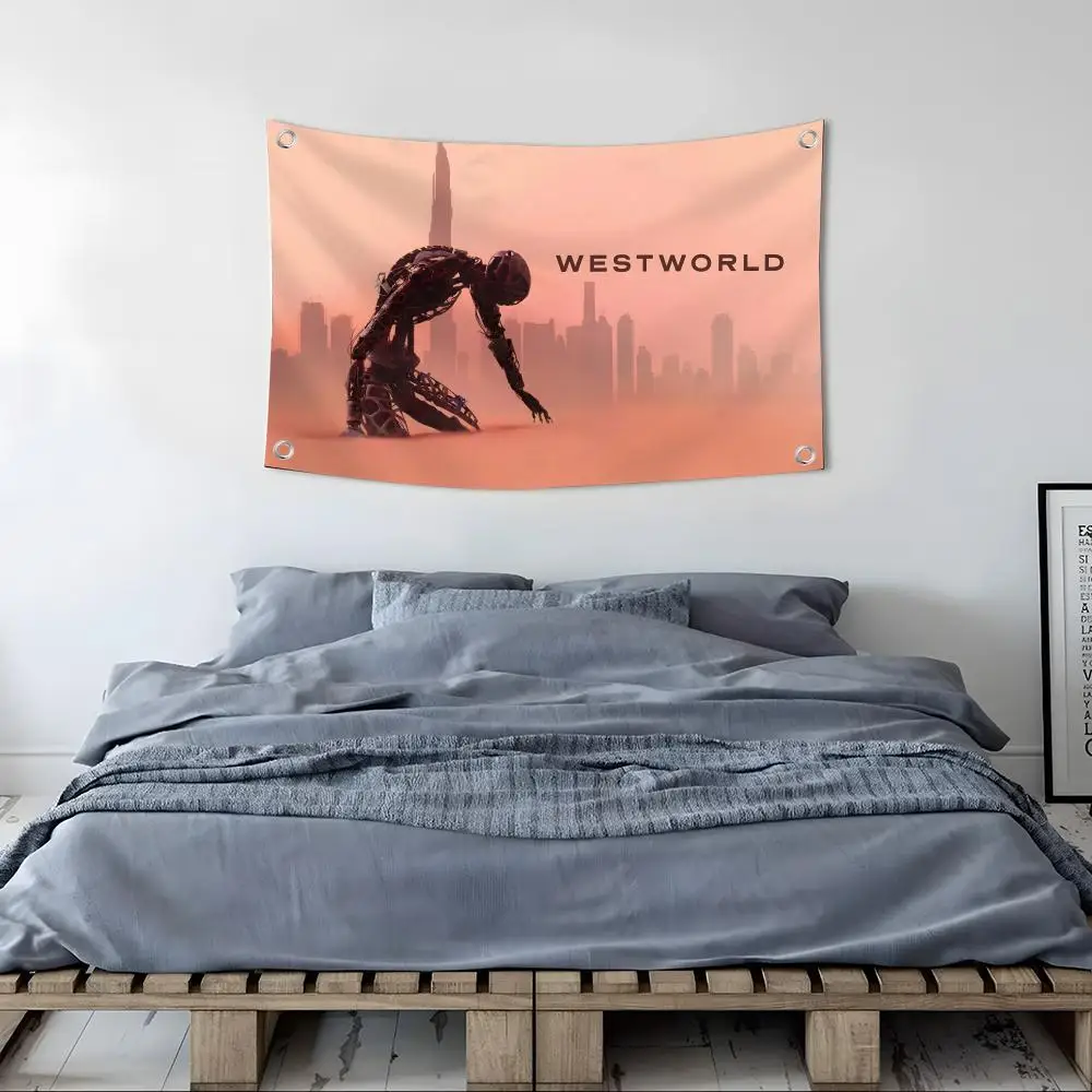 Banderas de Westworld de estilo distópico, decoración personalizada para acampar, jardín, habitación, dormitorio, telones de fondo para fiestas, arte de pared, regalos familiares