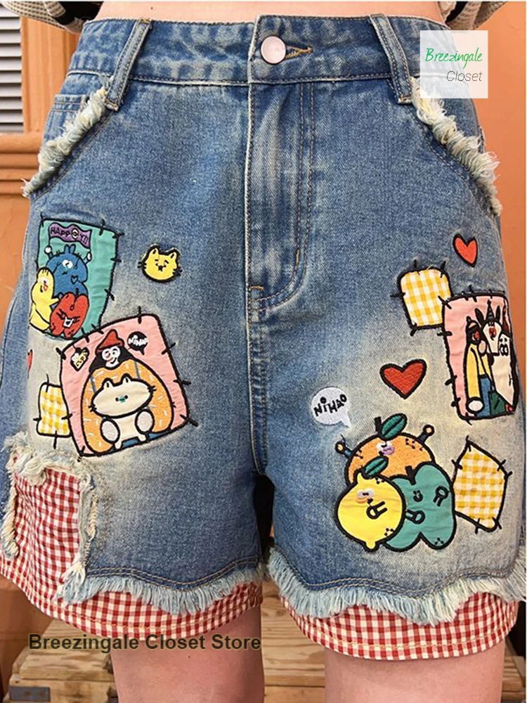 التصميم الأمريكي الكرتون الطباعة الربط منقوشة واسعة الساق الدنيم السراويل النسائية الصيف نمط طفول جديد الإضافية السراويل الساخنة فضفاضة