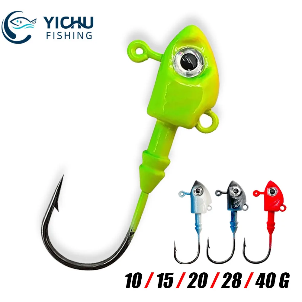 Anzuelos de pesca con cabeza de anzuelo, anzuelo de gusano, aparejos de pesca lubina con ojos 3D, 10/15/20/28/40g