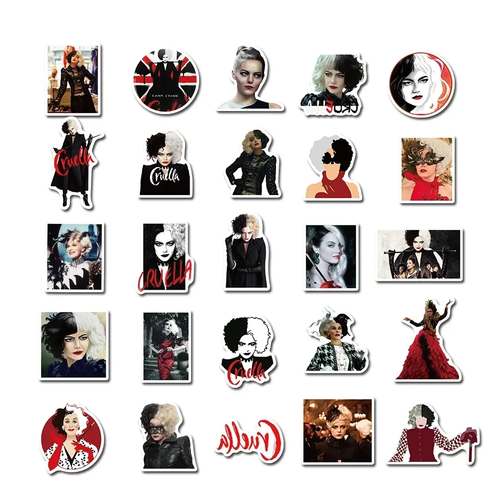 50pcs/Pack Disney Movie Cruella De Vil Cruella Stickers Skateboard Phone Luggage Laptop Guitar Decoration Sticker Decal